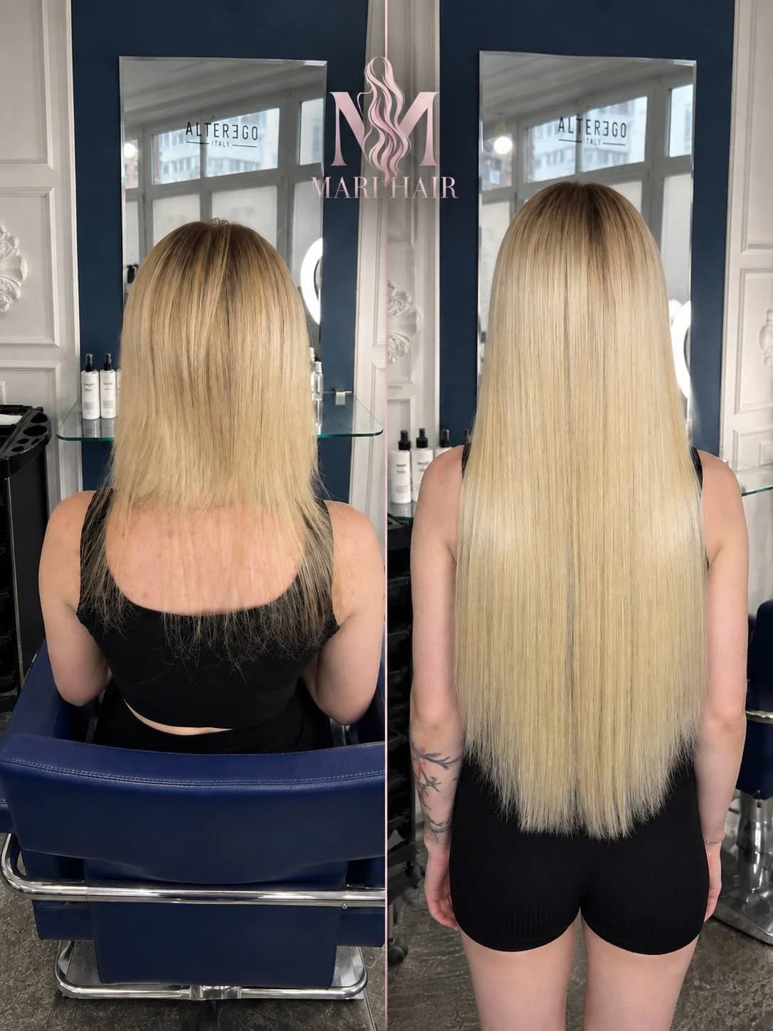 Длинные светлые волосы — сравнение до и после, работа MARI HAIR